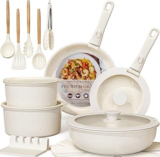 Astercook Ceramic Non-stick Cookware 21 Pcs Pots and Pans Set, Detachable Handle, RV Kitchen Non Stick Cooking Set Removable Handles, Oven Safe, Induction Ready, Stackable, Cream White product image
