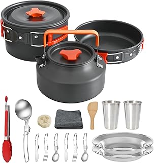 Camping Cookware Mess Kit, Non-Stick Lightweight Camping Pots and Pans with Kettle, Stainless Steel Cups Plates Forks Knives Spoons for Backpacking, Hiking, Outdoor Cooking product image
