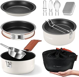 Odoland 10pcs Camping Cookware Non-Stick Camping Pot and Pan Set with Plate Bowl Fork Knife Spoon for Backpacking, Hiking, Outdoor Cooking and Picnic product image