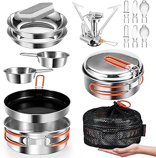 Odoland 10pcs Stainless Steel Camping Cookware Camping Pot and Pan Set with Portable Camping Stove Camping Mess Kit with Plates Bowls Forks Knives Spoons for Hiking Backpacking and Picnic product image