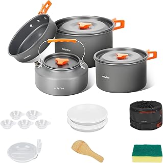 ONLYFIRE OUTDOOR LIVING14pcs Camping Cookware Set, Lightweight Nonstick Pots, Pan, Kettle, Utensils, Bowls, and Cleaning Tool with Mesh Bag for Camping Hiking Backpacking RV Tailgating Cooking, CT604 product image