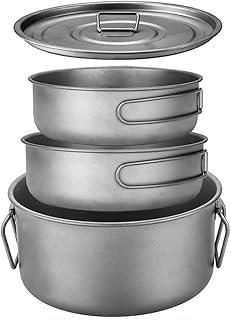 BY-J Titanium Camping Cookware Set-2200ml+1200ml+700ml Titanium Pot with Lid and Foldable Handle, Compact Backpacking and Travel Kitchenware for Camping, Hiking and Fishing (3 Piece-Set) product image