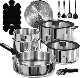 CAROTE 18pcs Stainless Steel Cookware Set with Detachable Handle, Nonstick Pots and Pans Set, Induction Kitchen Cookware Sets with Removable Handle, RV Cookware Set, Oven Safe, Camping Cookware, Black product image