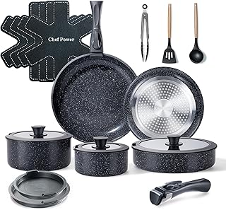 Chef Power Ceramic Nonstick Cookware Set 19 Piece with Detachable Handle, Induction Dishwasher Oven Safe Pans and Pots Set, RV Kitchen Set Removable Handle, Rock Stone Black product image