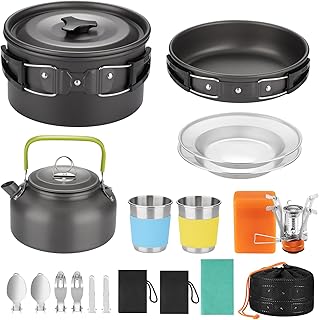 18pcs Camping Cookware Kit, Aluminum Non-Stick Pot, Pan and Kettle Set with 2 Set Stainless Steel Cups Plates Forks Knives Spoons for Backpacking and Hiking Camping product image