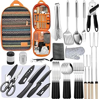 Camping Cooking Utensils Set - Camping Utensil Set Car Camping Cooking Essentials Gear for Camp Kitchen Cooking and Grilling, Stainless Steel & Silicone Ideal Gift for RV Tent Camper product image