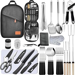 Camping Cooking Utensils Set - Camping Utensil Set Car Camping Cooking Essentials Gear for Camp Kitchen Cooking and Grilling, Stainless Steel & Silicone Ideal Gift for RV Tent Camper product image