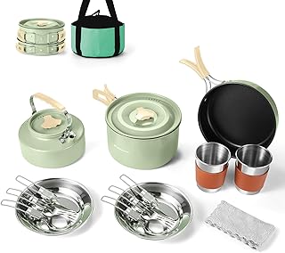 Odoland 15pcs Camping Cookware Mess Kit, Non-Stick Lightweight Pot Pan Kettle Set with Stainless Steel Cups Plates Forks Knives Spoons for Camping, Backpacking, Outdoor Cooking and Picnic product image