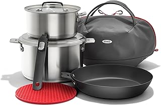 OXO Outdoor 8 Piece Camping Cookware Set, 10" Pre-Seasoned Carbon Steel Frying Pan Skillet, 2.25QT and 5QT Stainless Steel Saucepans with Lids, Removeable Handle, Trivet, Travel Bag, Space-Saving product image