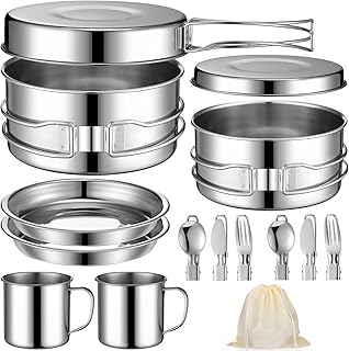 14 Piece Camp Cooking Set, Stainless Steel Camping Cookware with Pot and Pan Kit 2 Set Stainless Steel Cups Plates Forks Knives Spoons for Camping, Backpacking, Outdoor Cooking and Picnic product image