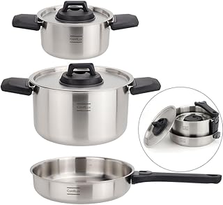 Stainless Steel Camping Kitchen Cookware Set - Frying Pan With Detachable Handle - Nesting Pots for Backpacking, Camp, and RV Cooking - 6 Piece Mess Kit - 1.5L Frypan, 1.5L Small Pot & 3.5L Medium Pot product image
