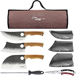 9 PCS Butcher Viking Camping Knife Set, 7" Serbian Chef Knife, 7" Butcher Meat Cleaver, 6.5" Viking Knife, 3 Knife Sheath, Honing Steel, Poultry Shears and Knife Roll Bag (Stylish Horse Pattern) product image