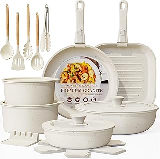 Astercook 23 Pcs Pots and Pans Non Stick Ceramic Cookware Set Detachable Handle, RV Stackable Kitchen Cooking Set Removable Handles, Oven Safe, Induction Ready, Cream White product image