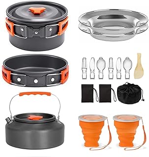 Camping Cookware Camping Cooking Set, Non-Stick Pots and Pans with Kettle, 2 Stainless Steel Plates, 2 Water Cups, 2 Sets of Knives and Forks, Spatula, Dish Towel, Backpack Storage Bag product image