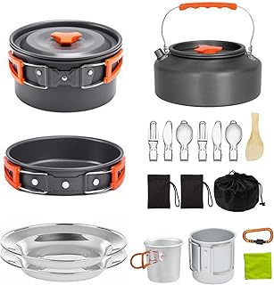 Camping Cooking Set Camping Cookware Outdoor Aluminum Mess Kit with Frying Pan, Pot with Lid, 1.2L Kettle Set and 2 Stainless Steel Plate, 2 Folding Cups and 2 Set Knives Spoons for Backpacking Picnic product image