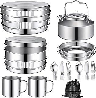 15 Pcs Camping Cookware Mess Kit Outdoor Cooking Set Stainless Steel with Pot and Pan Kit 2 Set Stainless Steel Cups Plates Forks Knives Spoons for Camping Backpacking Cooking Picnic product image