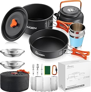 HOMGEN 17-Piece Camping Cooking Set with Stove Windshield & 2 Plates - Lightweight Aluminum Nesting Pot/Frying Pan Teapot - Complete Camping Mess Kit for Backpacking Picnics Outdoor Cooking Camping product image