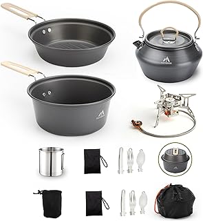 THTYBROS 17pcs Camping Cookware Kit, 0.45Gal Pot, 7inches Pan,0.30Gal Kettle Set with 2 Set Stainless Steel Cups Plates Forks Knives Spoons for Hiking product image