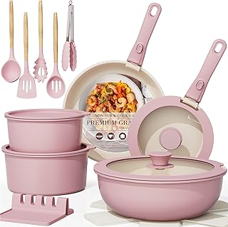 Astercook 21 Pcs Pots and Pans Non Stick Ceramic Cookware Set, Detachable Handles, RV Kitchen Cooking Set, Oven Safe, Induction Ready, Stackable, Pink product image