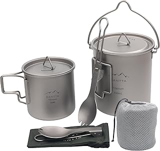 SANTTA Titanium Camping Cookware Set – 700mL Pot with 380mL Drink Cup & Foldable Spork, Compact Backpacking and Travel Kitchenware for Camping, Hiking, and Fishing product image