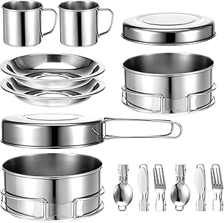 14Pcs Stainless Steel Camping Cookware Set, Lightweight Compact Camping Pots Pans Set with Cups Plates Forks Knives Spoons for Backpacking Camping-Cooking Hiking and Picnic product image