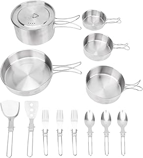 13 Piece Camping Cookware Set Stainless Steel Pots and Pans Set with Folding Forks Spoons Spatulas, Portable Lightweight Camping Mess Kit for Backpacking, Outdoor Cooking product image