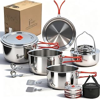Portable 18/8 Stainless Steel Camping Cookware Set 11 Pcs - Nesting Design, Large Capacity Pots and pan with Kettle, Compact for Picnic & Family Outdoor Cooking (4-8 People) with Carry Bag product image