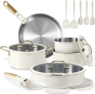 CAROTE 19pcs Tri-Ply Stainless Steel Cookware Set with Detachable Handle, Pots and Pans Set, Induction Kitchen Cooking Sets, RV/Camping Cookware, Outer Ceramic Layer, Oven Safe, Cream White product image