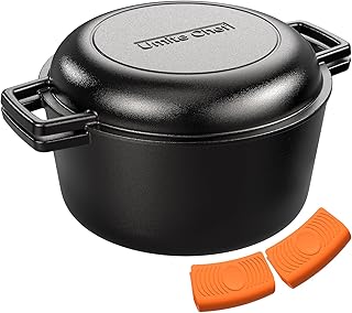 2-in-1 Pre-Seasoned Cast Iron Double Dutch Oven Pot with Skillet Lid & Silicone Sleeves – Raised Rib Skillet Lid– Umite Chef 7QT Cast Iron Skillet Cookware Pan Set wirh Dual Handles – Oven, Grill, Campfire & Stovetop Safe –PFAS-Free product image