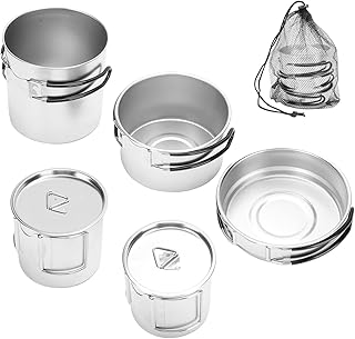 5PCS Stainless Steel Camping Cooking Set Cookware Mess Kit Cook Pots and Pan Set with Cups & Storage Bag, Lightweight Camping Cookware for Hiking Backpacking Outdoor Cooking and product image