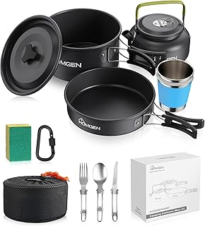 HOMGEN Ultralight Anodized Aluminum Camping Cookware Set for 2 People - Nesting Non Stick Pot/Pan with Foldable Handles Insulated Teapot & Stainless Cups - Compact Backpacking Gear for Camping/Hiking product image