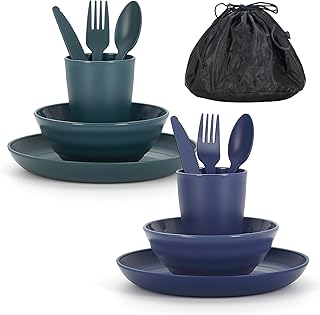 Camping Mess Kit for 2 with Bowl, Plate, Cup, Spoon, Fork, Knife and Carry Bag, Plastic Camping Accessories Essentials Gear for Couple Travel, Picnic, Outdoor, Easy to Carry product image