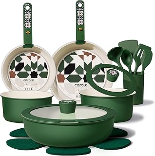 CAROTE 19Pcs Ceramic Cookware Set, Pots and Pans Set Non stick, Non Toxic Cookware Detachable Handle, Kitchen Cooking Set - Induction Cookware, Dishwasher/Oven Safe, PFAS Free, Green product image