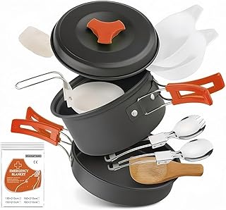 12 PCS Lightweight Camping Cookware Set – Non-Stick Pots, Pans & Utensils for Backpacking, Hiking & Outdoor Cooking – Compact Mess Kit for 2-3 People Give Away an Emergency Blanket as a Gift product image