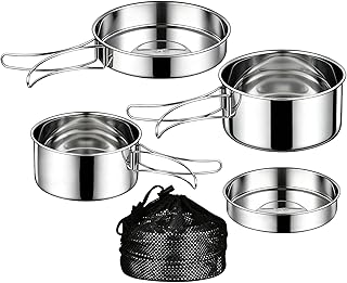 4 Pcs Camping Cookware Set, Quality 304 Stainless Steel, Outdoor Folding Pots, Plates for Backpacking, Portable Nesting Camp Kitchen Gear, Essential Kit for Outdoor Adventure product image