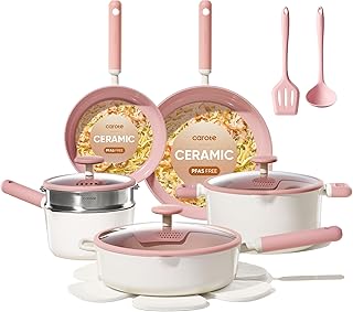 CAROTE Ceramic Cookware Set Nonstick, 15pcs Pots and Pans Set Non stick, Non Toxic Cookware,Dishwasher,RV/Camping Cookware Set, Pan and Pot with Kitchen Utensils, Pink product image