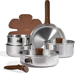 CAROTE 13pcs Tri-Ply Stainless Steel Cookware Set with Detachable Handle, Pots and Pans Set, Induction Kitchen Cooking Sets, RV/Camping Cookware, Oven Safe, Woodgrain Style product image