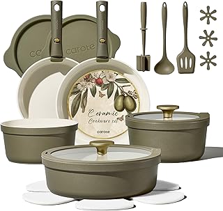 Carote 21pcs Ceramic Cookware Set with Detachable Handles, Pots and Pans Set Non Stick, RV Kitchen Cooking Pot and Pan, Dishwasher Safe, Non-toxic Induction Cookware PFAS and PFOA Free, Olive Green product image