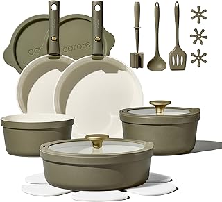 Carote 21pcs Ceramic Cookware Set with Detachable Handles, Pots and Pans Set Non Stick, RV Kitchen Cooking Pot and Pan, Dishwasher Safe, Non-toxic Induction Cookware PFAS and PFOA Free, Olive Green product image