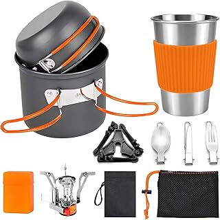 aiGear 8pcs Camping Cookware Mess Kit, Camping Pot and Pan Set with Mini Backpacking Stove, Stainless Steel Cup, Spork and Tank Bracket, Cooking Gear for Hiking Camping Outdoor Picnic product image