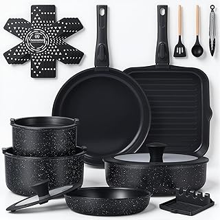 Ammeloo 21 Pcs Pots and Pans Set Non Stick with Detachable Handle & Grill Pan, Induction Ceramic Cookware Set, Non Toxic Kitchen Pots and Pans Set for RVs,Camping, Oven/Dishwasher Safe, Black product image