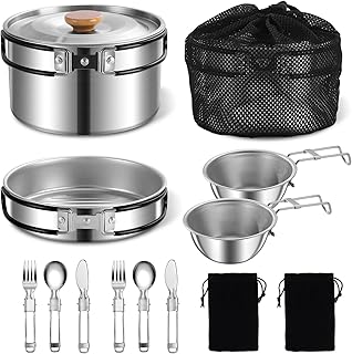 11Pcs Camping Cookware Set，Portable Camping Essentials with Accessories，Stainless Steel Lightweight Nonstick Pots、Pans、Bowls and Utensils for Backpacking RV Tailgating Cooking and Outdoor Cooking product image