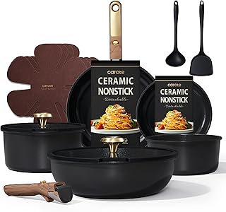 CAROTE 15Pcs Ceramic Cookware Set, Pots and Pans Set Non stick, Kitchen Cooking Set with Detachable Handle, Non Toxic Induction Cookware, Dishwasher/Oven Safe, PFAS Free, Black&Gold product image