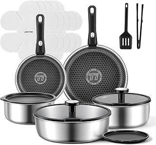 JEETEE Hybrid Tri-Ply Stainless Steel Cookware Set, 18pcs Pots and Pans Set Non Stick with Detachable Handles, Induction Cookware Set Kitchen Cooking Sets, RV/Camping Cookware, Dishwasher & Oven Safe product image