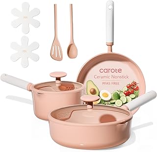 CAROTE Ceramic Cookware Set Nonstick, 9pcs Pots and Pans Set Non stick, Non-Toxic & PFAS-Free,Dishwasher, RV/Camping Cookware Set,Sauce Pan with Lid, Pink product image