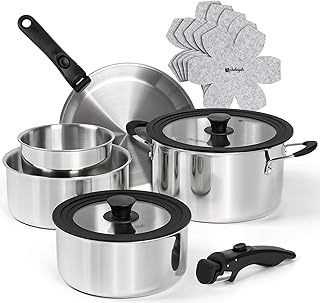 Michelangelo 14pcs Tri-Ply Stainless Steel Cookware Set with Detachable Handle, Induction Kitchen Cookware Set, Oven Safe Pots and Pans, Stackable RV/Camping Cookware product image