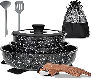 MAISON ARTS Detachable Handle Induction Pots and Pans Set, 10 Piece Non Stick Kitchen Cookware Sets, Stackable Black Granite RV Cooking Set for Camper product image
