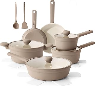 SENSARTE Ceramic Nonstick Pots and Pans Set 17pcs, Healthy Induction Cookware Set, Nontoxic Kitchen Cooking Set with Skillets & Saucepans, Stay-cool Handles, PFAS PTFE PFOA PFOS Free,Taupe product image