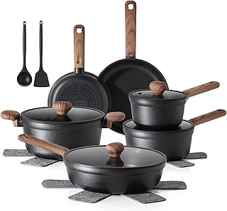 SENSARTE Nonstick Pots and Pans Set 17pcs, Healthy Induction Cookware Set, Kitchen Cooking Set with Skillets & Saucepans, Stay-cool Handles, Dishwasher Safe, PFOA PFOS Free, Matte Black product image