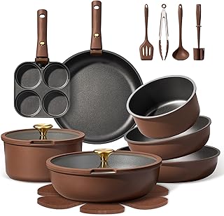CAROTE 21pcs Pots and Pans Set, Nonstick Cookware Set Detachable Handle, Induction Kitchen Cookware Sets Non Stick with Removable Handle, RV Cookware Set, Oven Safe, Brown product image